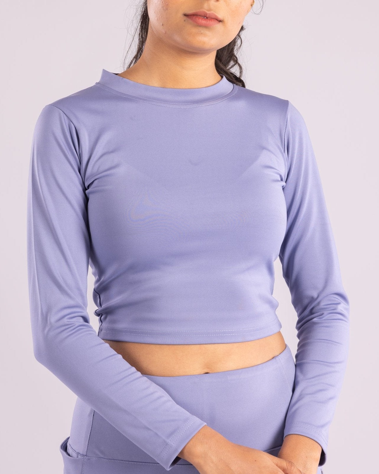 Powder Blue full sleeve crop top, premium Lycra, moisture-wicking, stretch fit, gym wear, activewear, casual chic, breathable, body-hugging, stylish workout top