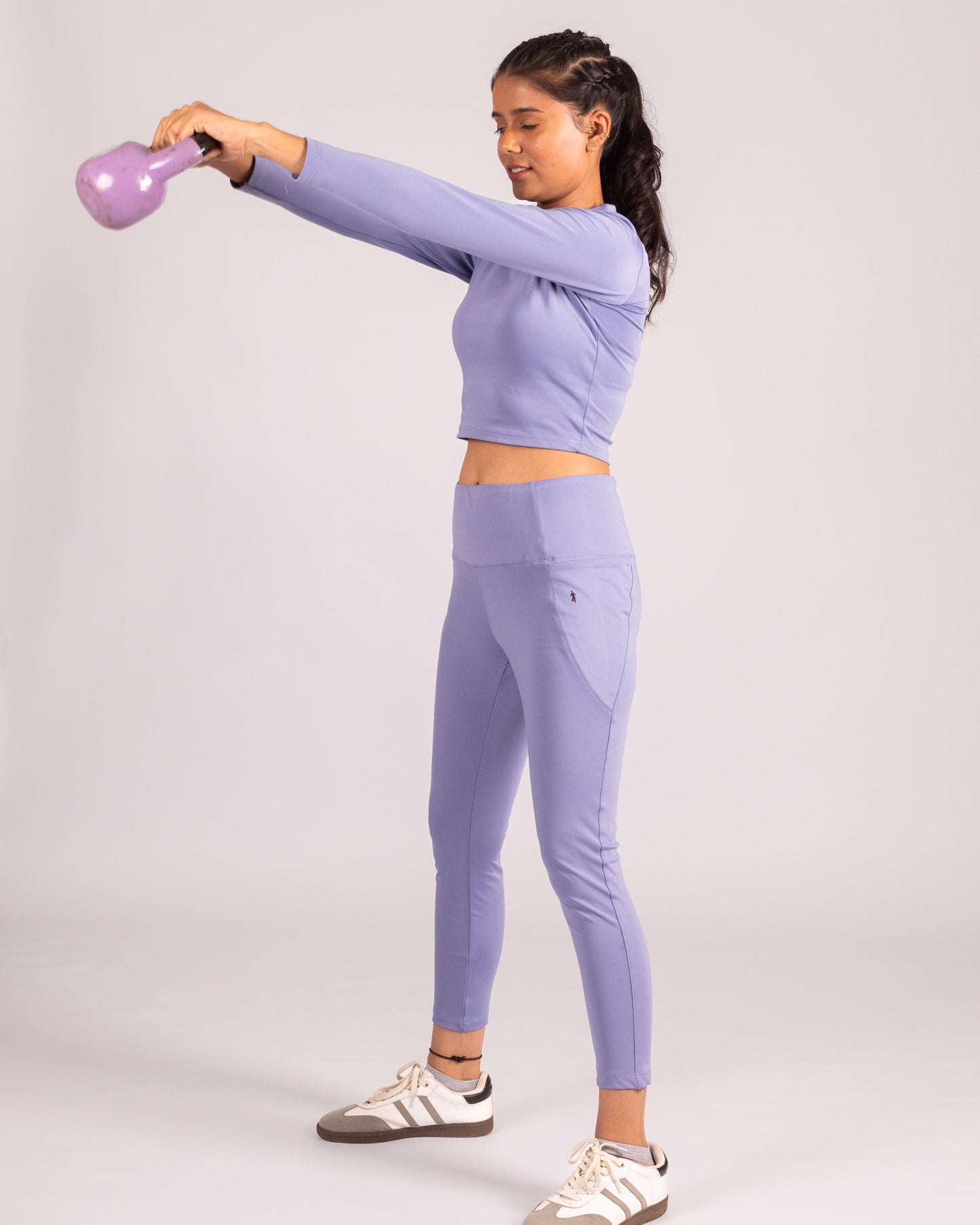 Powder Blue seamless co-ord set for women, featuring high-waisted tummy-control jeggings and a full sleeve crop top. Stretchable, breathable, non-sheer gym activewear set designed for yoga, pilates, running, training, and everyday athleisure. Sweat-wicking, sculpting fit for maximum comfort and style